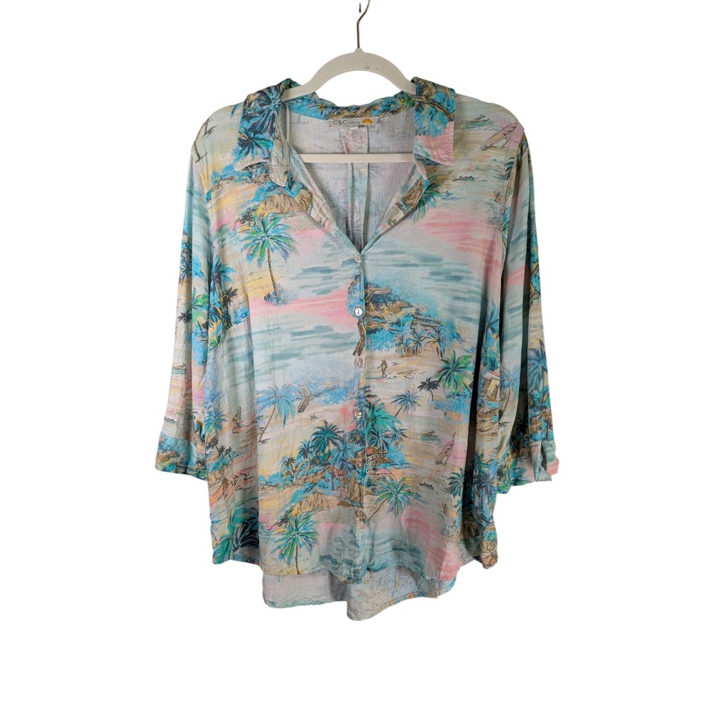 C&C California Top Womens 1X Tropical Beach Print Linen Rayon Button Down